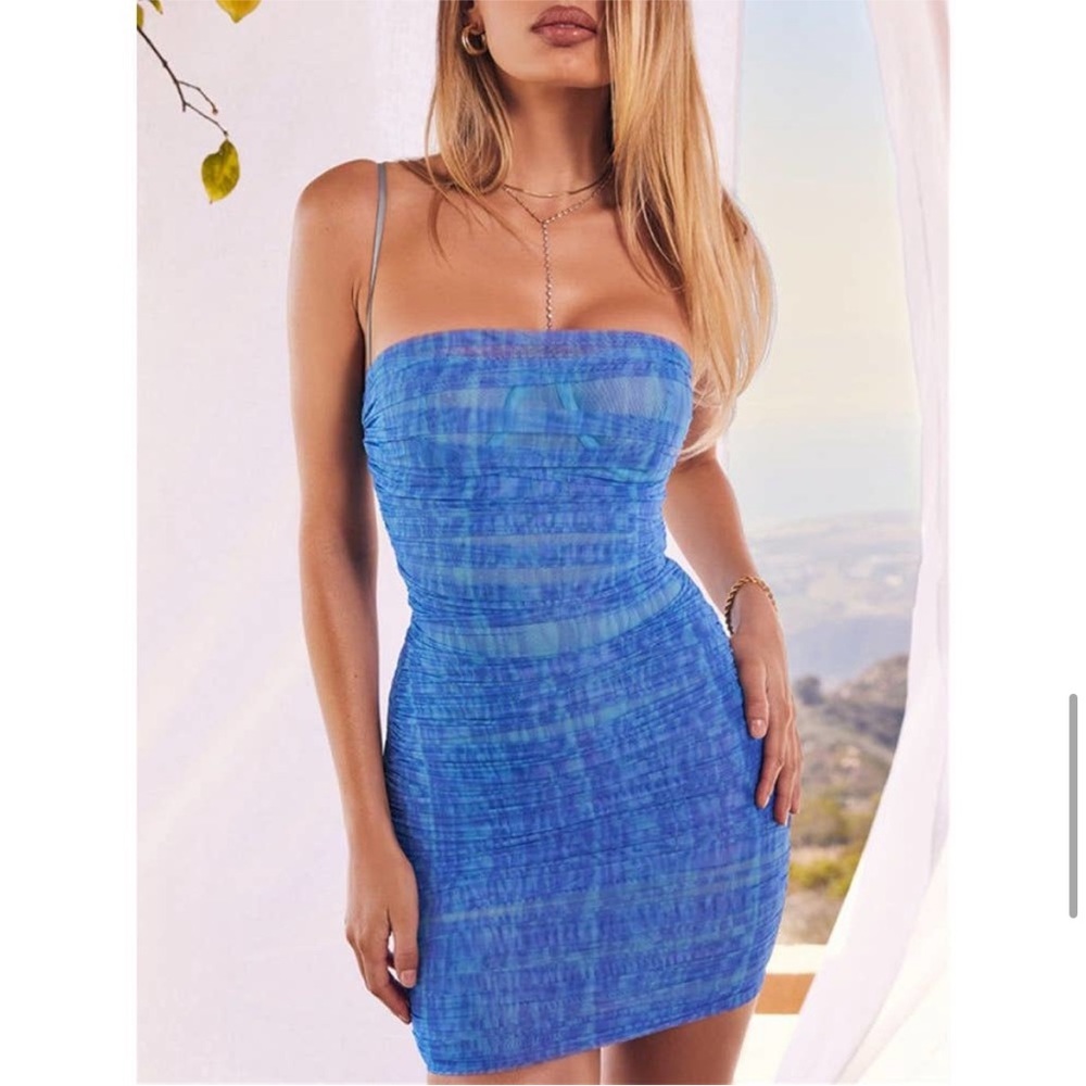 House of CB Ella sky blue ruched organza mesh mini dress